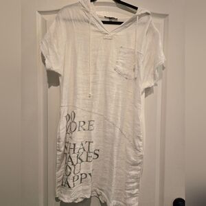 Charlie B Linen midi dress with hood. With silver slogan do what makes you happy